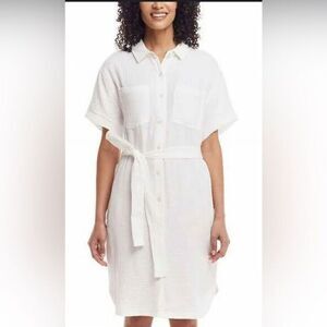 NWT Weatherproof Vintage Women’s White Short Sleeve Button Up Gauzy Dress Size M